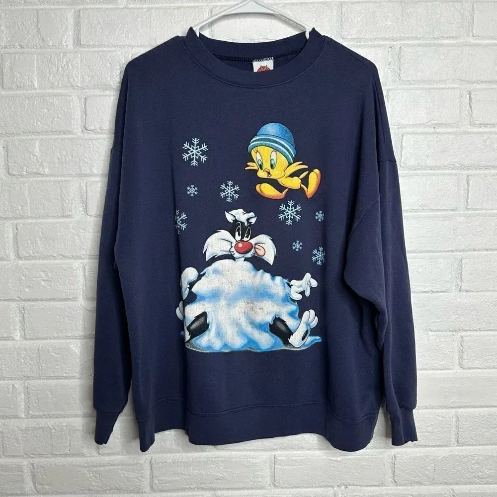 Vintage 1997 Looney Tunes‎ Tweety and Sylvester Winter Snow Sweater size L/XL